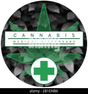 Marihuana/Cannabis Dispensary Logo Design. Kreisförmiges Logo-Design mit schwarz, weiß und grün. Stockfoto