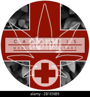 Marihuana/Cannabis Dispensary Logo Design. Kreisförmiges Logo mit schwarz, weiß und rot-farbigem Design. Stockfoto