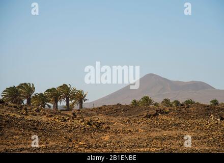 Blick auf den alten Vulkan von der kargen Landschaft der Kanarischen Inseln Lanzarote Spanien. Stockfoto