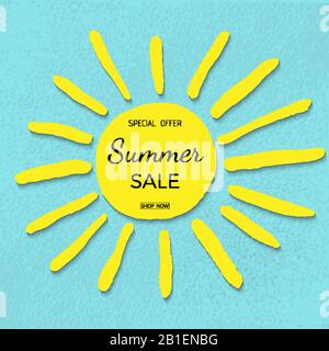 Werbebanner für den Sommerverkauf. Sommer-Angebot-Ausdruck auf gelber Sonne. Stock Vektor
