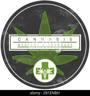 Marihuana/Cannabis Dispensary Logo Design. Kreisförmiges Logo-Design mit schwarz, weiß und grün. Stockfoto