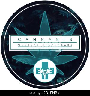 Marihuana/Cannabis Dispensary Logo Design. Kreisförmiges Logo mit schwarz, weiß und blau-farbigem Design. Stockfoto