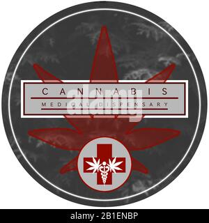 Marihuana/Cannabis Dispensary Logo Design. Kreisförmiges Logo mit schwarz, weiß und rot-farbigem Design. Stockfoto
