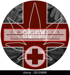Marihuana/Cannabis Dispensary Logo Design. Kreisförmiges Logo mit schwarz, weiß und rot-farbigem Design. Stockfoto