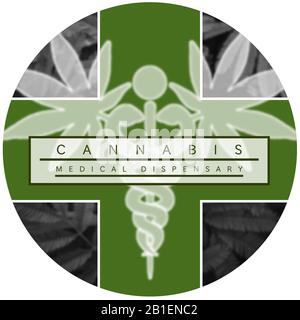 Marihuana/Cannabis Dispensary Logo Design. Kreisförmiges Logo-Design mit schwarz, weiß und grün. Stockfoto