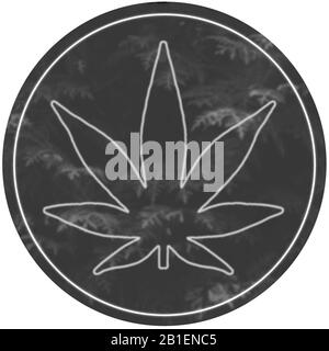 Marihuana/Cannabis Dispensary Logo Design. Kreisförmiges Logo mit schwarz, weiß und rot-farbigem Design. Stockfoto