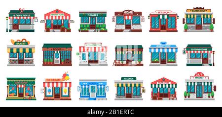 Geschäfte Fassaden. Wäschereigebäude, Hardware-Ladenfassade und Apothekengeschäft flaches Vektor-Set Stock Vektor