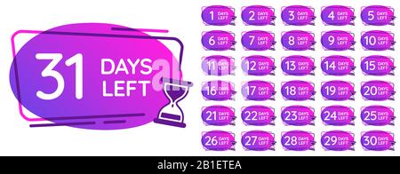 Noch Tage Abzeichen. Tageszahlen Countdown-Uhr, Sanduhrzähler Erinnerung und Sanduhr Zeiten Badge-Vektor-Illustration eingestellt Stock Vektor