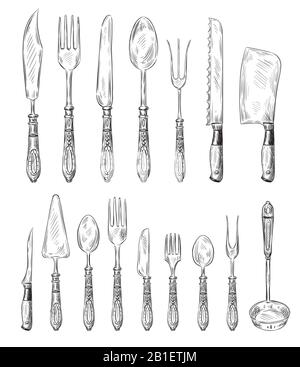 Handgezeichnetes Besteckset. Vintage Fork, Food-Löffel und Skizze Dinner Messer-Vektor-Illustration Set Stock Vektor