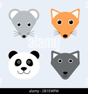 Niedliche Tiere. Cartoon Tier Gesichter. Maus, Fuchs, Panda, Wolf. Vektorillustrationen für Kinder-T-Shirt Druckdesign, Poster, Geschenkkarte Stock Vektor