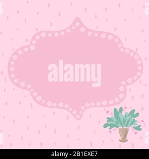 Pinkfarbener Rahmen für Text mit gestricheltem Hintergrund, quadratisches Format. Stock-Abbildung einer Topfblumen auf der rechten Unterseite. Sprechblase. Kawaii heikel Stock Vektor