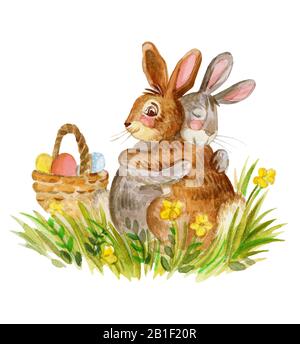 Aquarelldarstellung von zwei Kaninchen Umarmung auf grünem Gras mit Blumen, Stock-Illustration. Osterbühnenfiguren Vintage Illustration isola Stockfoto