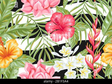 Nahtloses Muster mit tropischen Blumen und Blättern. Stock Vektor