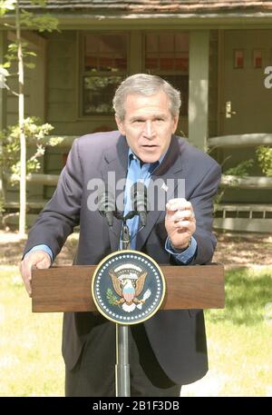 US-Präsident George W. Bush beantwortet Reporterfragen zum Nahen Osten während einer Pressekonferenz mit Präsident Hosni Mubarak aus Ägypten im Camp David, Maryland am Samstag, 8. Juni 2002..Credit: Greg E. Mathieson - Pool über CNP/MediaPunch Stockfoto