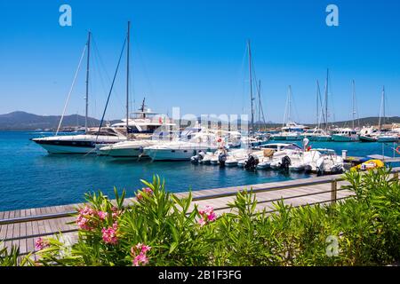 Golfo Aranci, Sardinien/Italien - 2019/07/16: Panoramaaussicht auf den Yachthafen Golfo Aranci - Marina di Golfo Aranci - mit Parkboulevard an der Küste Stockfoto