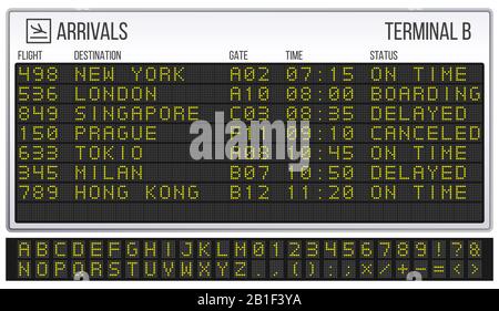 Flughafenanzeiger. Digitale LED-Board-Schrift, Ankunft und Abfahrt signalisieren realistische Vektorgrafiken Stock Vektor