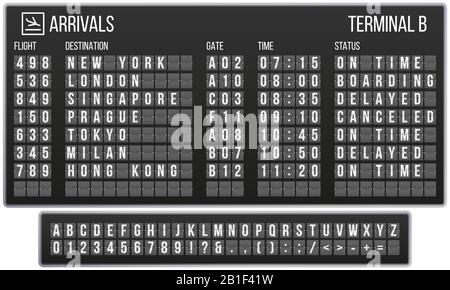 Anzeigetafel Flip Font. Ankunft Flughafen Schilder Bord, Bahnankünfte und Abfahrten Anzeigetafeln Buchstaben realistische Vektor gesetzt Stock Vektor