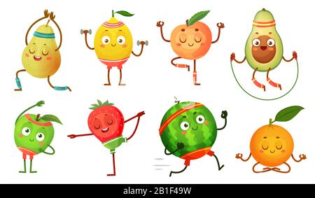 Frucht-Charaktere-Yoga. Früchte in Fitnessübungen Posen, Wellness-Essen und lustige Sport Obst Cartoon Vektor-Illustration Set Stock Vektor
