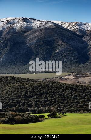 Ein Blick über die Ebenen auf die Berge in Andalusien, Spanien Stockfoto