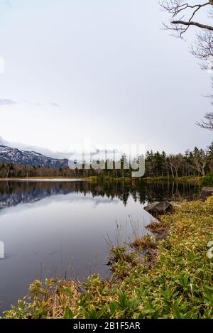 Der Dritte See von Shiretoko Goko Five Lakes Area. Rolling Mountain Range und Woodland im Frühling. Shiretoko-Nationalpark. Shari, Hokkaido, Japan Stockfoto