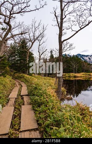 Der Zweite See von Shiretoko Goko Five Lakes. Rolling Mountain Range und Woodland im Frühling. Shiretoko-Nationalpark. Shari, Hokkaido, Japan Stockfoto