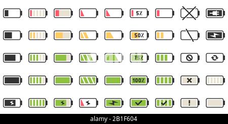 Symbole zum Laden des Akkus. Stromanzeige, Laden leerer Batterien und Symbol für niedrige Batterieleistung Vektorgrafiksatz Stock Vektor