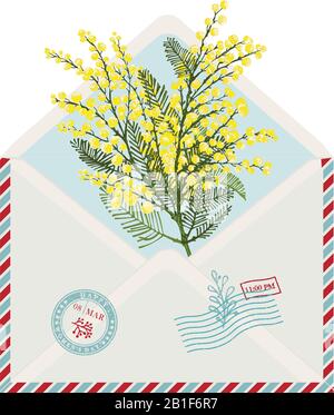 Vorlage für Vintage Post Card Umschlag mit handgezogenem Skizzenzweig gelber Mimosenblume. Textur Grunge 8. märz Gummistempelplatz für Ihr Stock Vektor