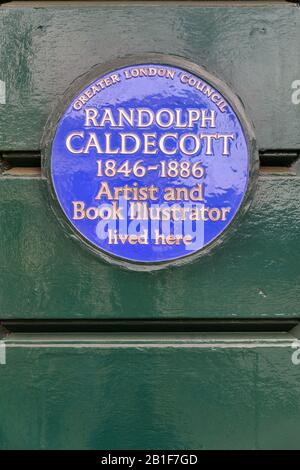 Blaue Plakette für Randolph Caldecott, Künstler und Buchillustrator, Erinnerungstafel in Bloomsbury, London, Großbritannien Stockfoto