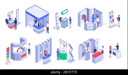 Isometrische Verkaufsstände. Ausstellungsstand, Ausstellungsstände und Veranstaltungen Menschen 3D Vector Set Stock Vektor