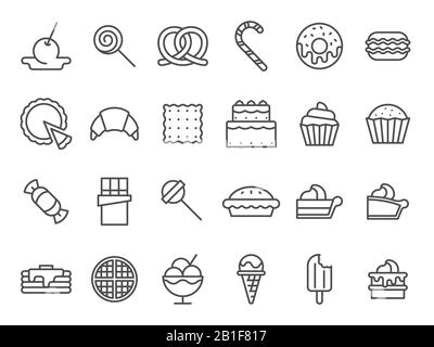 Süße Dessertsymbole. Süße Kuchen, Süßigkeiten Eis und Muffinkuchen. Desserts Line Art Vector Icon Set Stock Vektor