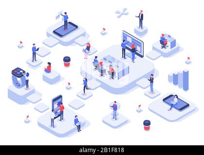 Isometrisches Arbeitsteam. Cloud Workplaces Plattformen, moderne Teams Workflow Prozess- und Entwicklungsunternehmen Start 3D Vector Illustration Stock Vektor