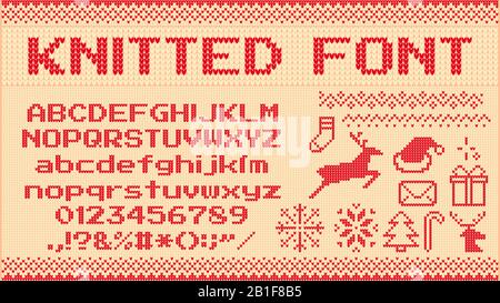 Winter-Pullover-Schrift. Gestrickte weihnachtspullover mit Buchstaben, Strickpullover mit Weihnachtsmuster und hässlichem Pullover mit Vektorgrafiken Stock Vektor