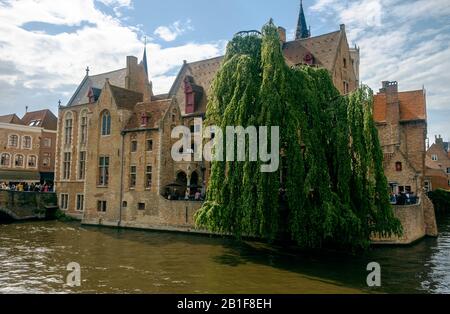 Das "Rozenhoedkaai" bietet einen atemberaubenden Blick auf die Kanäle und historischen Gebäude von Brüggen. Eine weinende Weide rundet das romantische Bild ab. Stockfoto