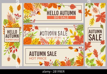 Banner für den Herbstverkauf. Werbebanner für die Herbstsaison, Saison-Rabatt und herbstliches Poster mit gestürzten Blättern Stock Vektor