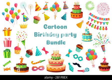 Cartoon Geburtstags-Partybündel. Süße Feier Cupcakes, bunte Ballons und Geburtstagsgeschenke Vektorgrafik-Set Stock Vektor