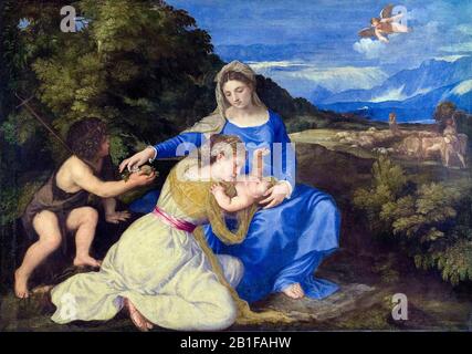 Die Aldobrandini Madonna, die Jungfrau und das Kind mit dem Säuglingsheiligen Johannes und einer Heiligen oder Spenderin, Gemälde von Tizian, Tiziano Vecellio, 1530 Stockfoto