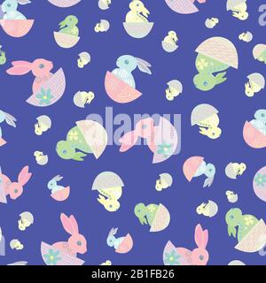 Oster bunny nahtloser Vektor-Muster Hintergrund. Niedlich dekorierte Kaninchen-Folk-Kunst-Illustration. Babytiere im skandinavischen Stil und Frühlingssymbole auf Stock Vektor