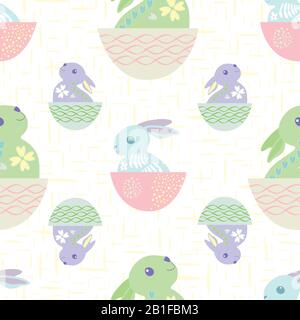 Oster bunny nahtloser Vektor-Muster Hintergrund. Niedlich dekorierte Kaninchen-Folk-Kunst-Illustration. Babytiere im skandinavischen Stil und Frühlingssymbole auf Stock Vektor