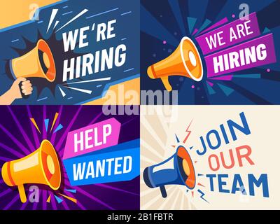 Jetzt Einstellungsbanner. Wir stellen ein, nehmen an unserem Team Teil und erstellen einen Flyer mit Vorlagen für Vektoren für Stellenausschreibung Stock Vektor