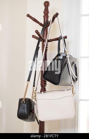 Princeton New Jersey, 25. Februar 2020: Schultertasche aus Gucci und Reisebus aus Leder, die am braunen Regal hängt. - Bild Stockfoto