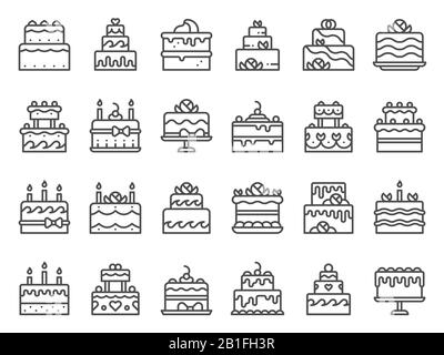 Umrisse von Kuchen-Symbolen. Süße Cupcake, hausgemachtes Dessert mit Kerzen und Bäckerei köstliche Kuchen Line Art Vector Icon Set Stock Vektor