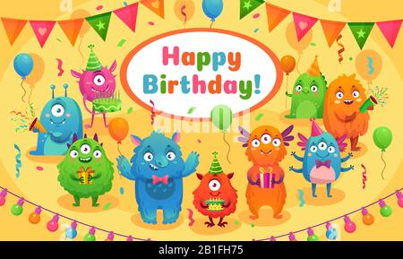 Alles gute zum Geburtstag. Kinder Geburtstagsparty niedliches Monster Maskottchen, Monster Jahrestag Grußkarte Cartoon Vektor Illustration Stock Vektor