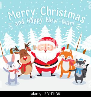 Frohe Weihnachts-Zeichentrick-Grußkarte. Fröhliche Weihnachtstiere, Weihnachtsmann Geschenk Geschenke und Winterurlaub zeigt Vektorgrafiken Stock Vektor