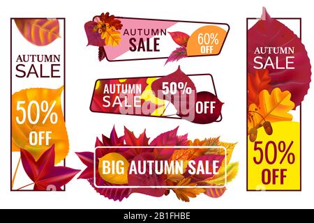 Herbst-Werbebanner. Spezielles Rabattbanner mit verfallenen Blättern, Herbstrahmen für Jahreszeitverkäufe und Preisvektoren für den Herbst Stock Vektor