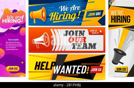 Wir stellen Banner ein. Werden Sie Mitglied in unserem Team, Werbebanner für freie Stellen und mieten Sie kreative Vorlagen für Vektorgrafiken Stock Vektor