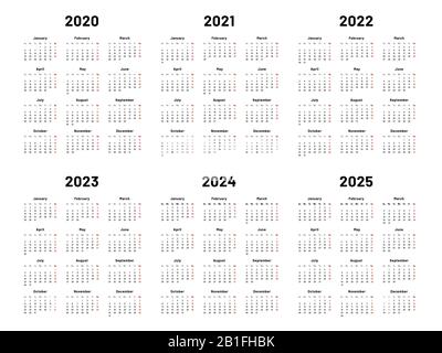 Kalenderraster. 2020 2021 und 2022 Jahreskalender. 2023, 2024 Jahre Organisator und 2025 Jahre Wochentage Vektor Illustration Set Stock Vektor