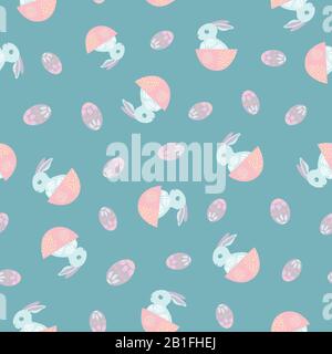 Süßer Hintergrund mit nahtlosem Vektormuster und Osterhase. Dekorierte Volkskunstkaninchen und Eier. Babytiere im skandinavischen Stil und Frühlingssymbole auf Stock Vektor