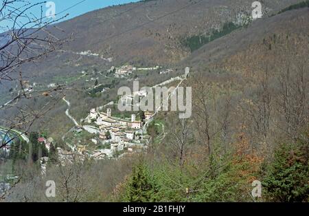 Schloss, Castelsantangelo sul Nera, italien, Draufsicht, Sibillini-Nationalpark, Marken, Italien Stockfoto