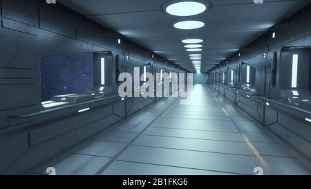 3D-Render. Futuristisches Raumschiff scifi Korridor Architektur Stockfoto