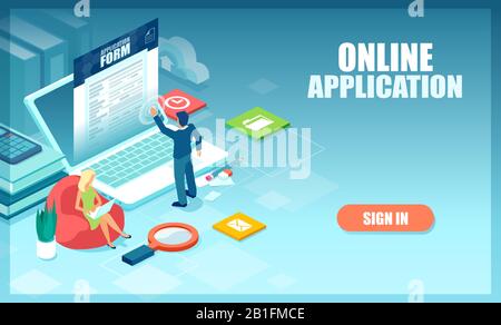 Vektor eines Mannes und einer Frau, die an Computern arbeiten und Online-Anwendungen ausfüllen. Stock Vektor